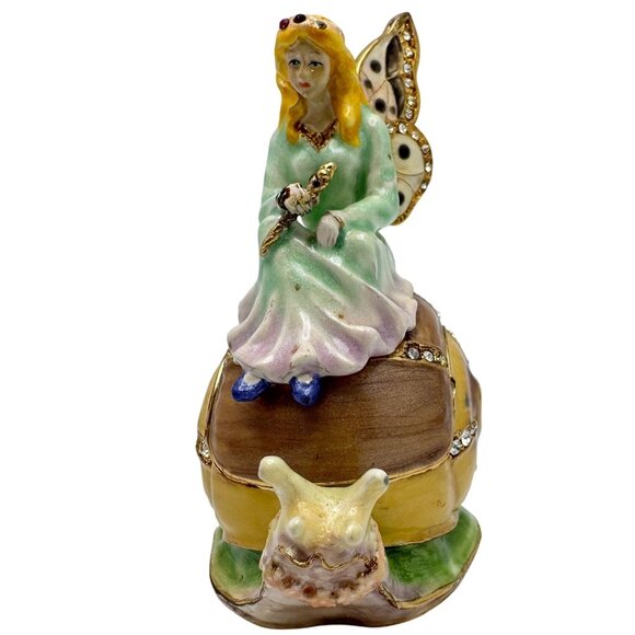 Fairy On Snail Trinket Box Rhinestone Accents Enamel Metal - Picture 1 of 7